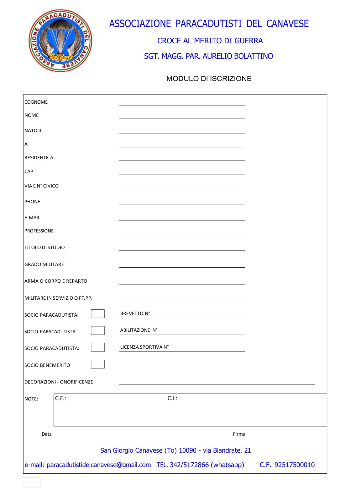Scheda di iscrizione APC